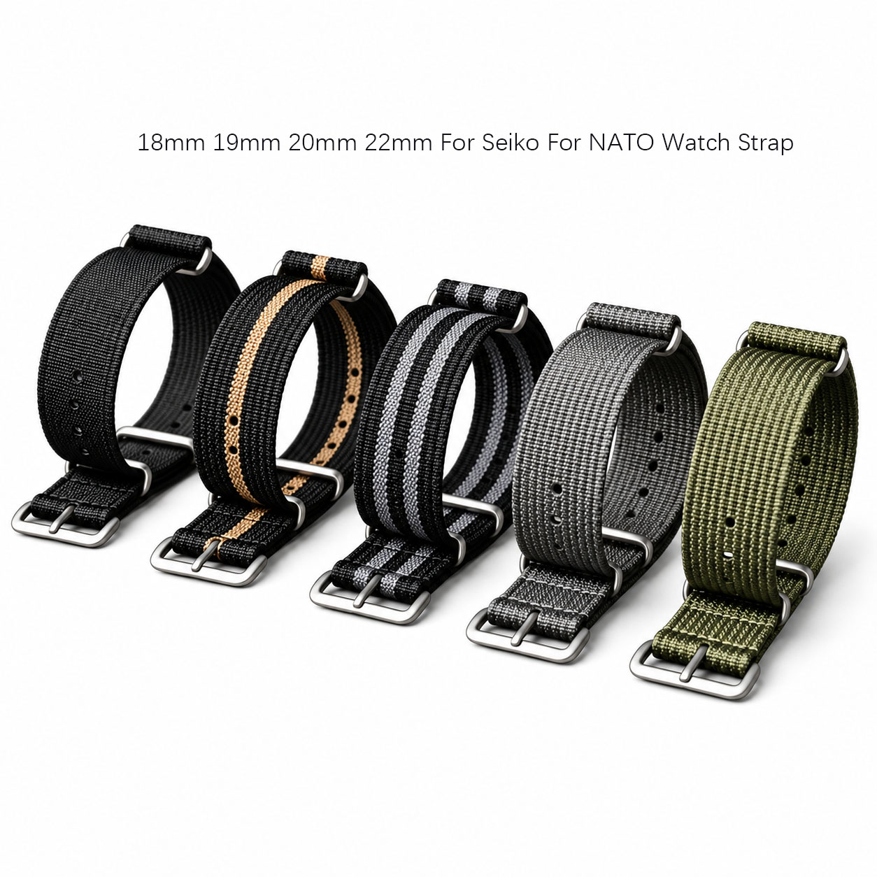 Nato Strap Nylon - 18mm、19mm、20mm、22mm。セイコー・ダイバーシリーズ用、NATO規格の時計バンド。織り込みナイロン製、スポーツ・ミリタリー・ユニバーサルブレスレット。